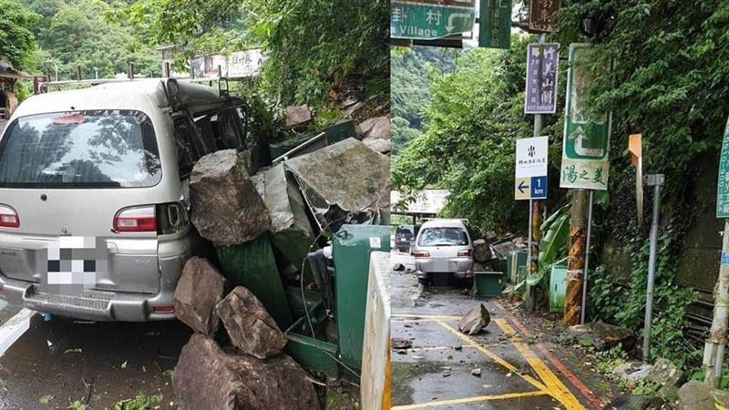 泰安山區巨石崩落　廂型車遭砸剩半台