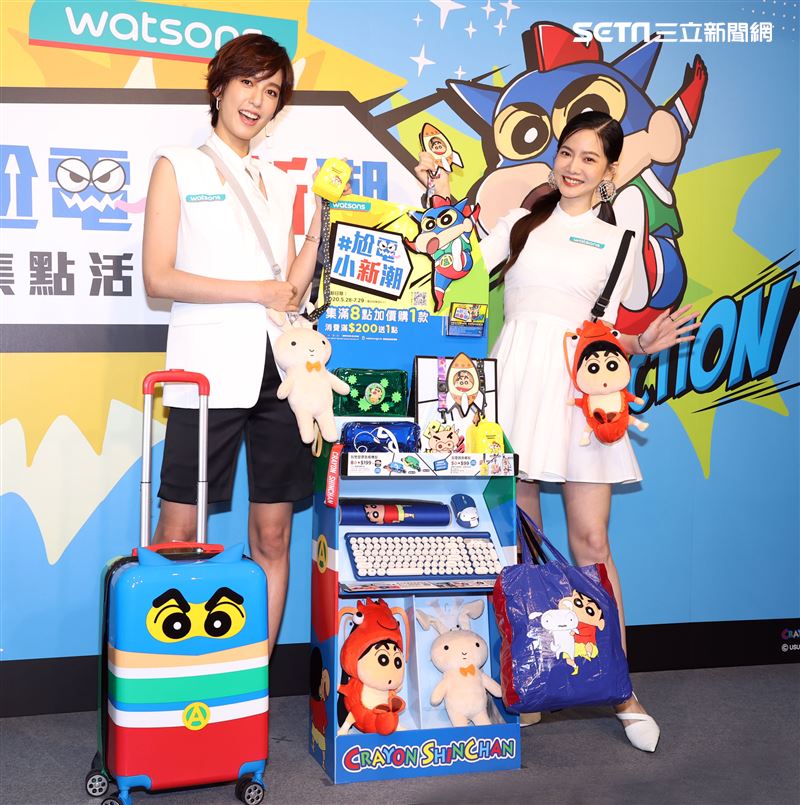 曾之喬與陳庭妮出席「屈臣氏蠟筆小新集點活動記者會」。（記者邱榮吉/攝影）