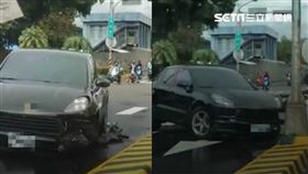 台中保時捷自撞剩3輪繼續開／翻攝自臉書台灣新聞記者聯盟資訊平台、林姓網友提供