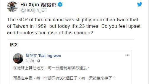 胡錫進推文批蔡總統　卻避談六四
