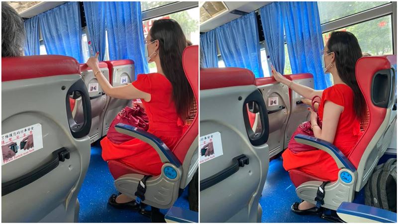 斜前方坐紅衣女…一看是「野生慧慈」