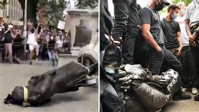 英國布里斯托有部分示威者拆除17世紀奴隸貿易商科斯頓的雕像，並將雕像扔入河中。（圖／翻攝自The Telegraph Youtube頻道）