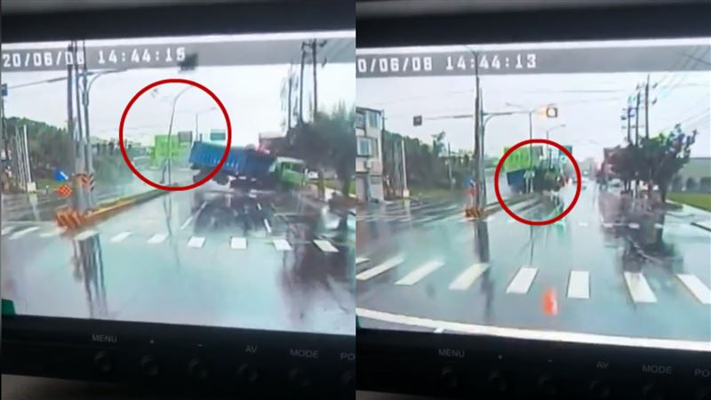 台中大貨車跨越分隔島　車尾甩斷路燈