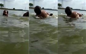 30歲男湖邊游泳！突遭鱷魚「狠咬狂拖」…自拍棒救他一命（圖／翻攝自推特）