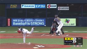 歐力士主場本壘後方刊出「Baseball is STRONG」看板，並有中文謝謝。（圖／歐力士球團提供）