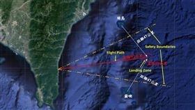 科技部日前公布科研火箭管理草案有關有發射的地點與落點，火箭及各節落點距離發射場誤差半徑，與綠島、蘭嶼距離等，均應明確標示，圖中紅色線為飛行軌跡，應控制在綠島與蘭嶼間海域（金色框線內）及落於綠島與蘭嶼間海域範圍（紅圈處）。（圖／中央社）