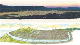 作家姚任祥與插畫家葉子明耗時7年，完成「台北上河圖」，將台北百餘年間的城市變化，收錄其中。上圖為書中收錄的「台北夜景鳥瞰圖」，下圖則參考日治時期的台北鳥瞰圖繪製而成， 姚任祥表示這是最完整能一覽台北市全景的方位。（誠品書店提供）