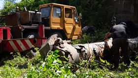 金門240榴砲運輸車及預備砲管撥交運送（1）民國49年間金門六一七、六一九砲戰今年適逢60週年，當年參戰的240榴砲M3載運車與預備砲管等，17日由相關人員完成撥交運送。（董森堡提供）中央社記者黃慧敏傳真　109年6月17日