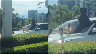 高雄妹跪趴引擎蓋　車加速開走網看傻