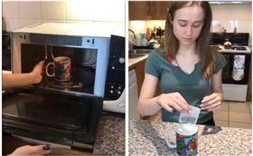 ▲在英國的美國媽媽Michelle用微波爐泡茶，並教女兒把茶包丟進牛奶。（圖／翻攝自jchelle36 Twitter）
