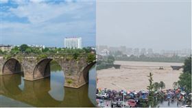 ▲黃山市中心城區屯溪的明代鎮海橋被沖毀前後。（圖／翻攝自彭湃新聞)