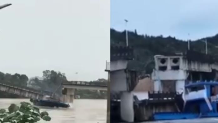 大陸運砂船失控撞橋　橋面崩塌砸中船