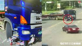 苗栗婦人騎車遭拖板車輾過，命大沒事／翻攝畫面