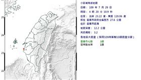 台南外海4:20芮氏規模3.2地震　最大震度3級（圖／翻攝自氣象局）