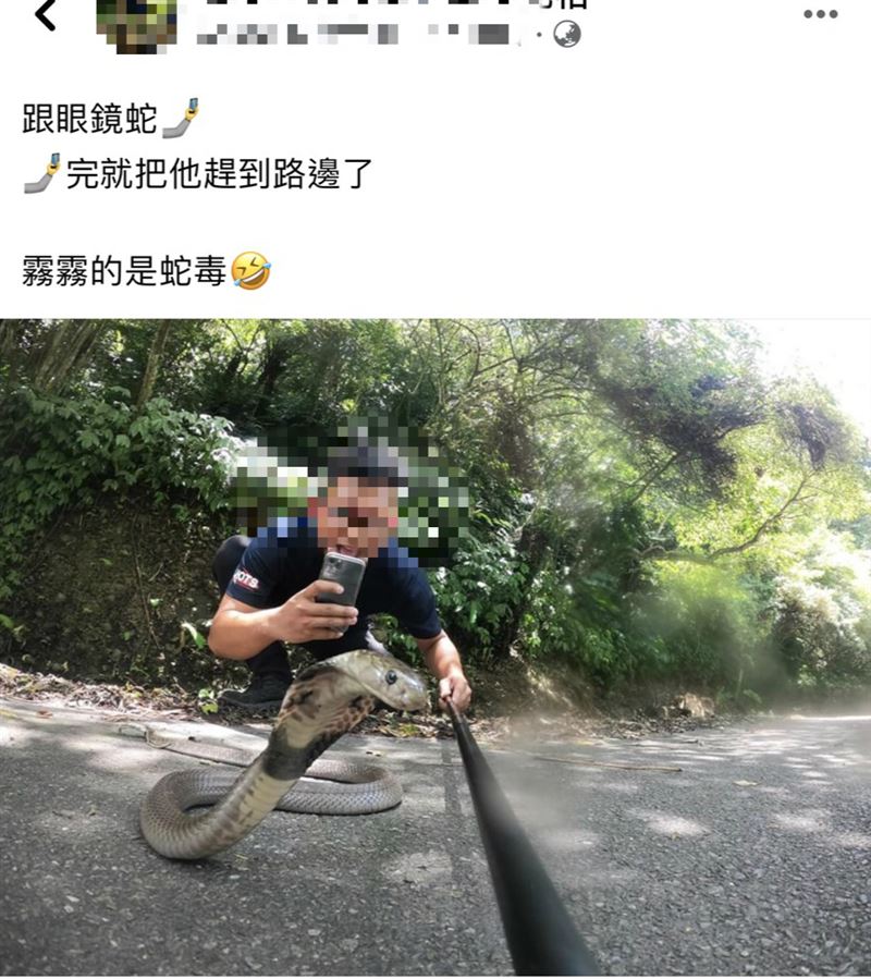 獨／山友瘋拍「眼鏡蛇合影照」…毒液噴滿鏡頭　專家：母湯