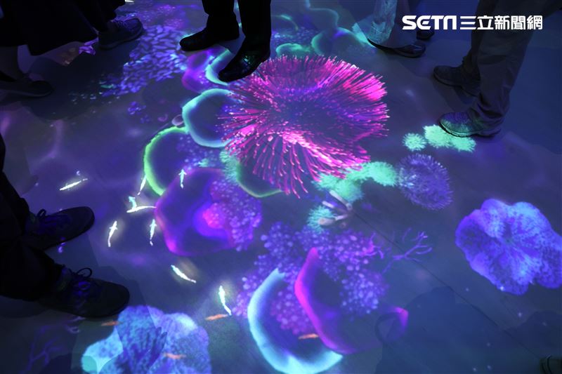 Xpark 水族館」地面有投射彩色水母。（記者邱榮吉/攝影）