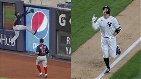 ▲賈吉（Aaron Judge）開轟！紅襪中外野手想沒收腳插進LED看板。（圖／美聯社／達志影像）