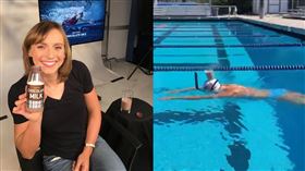 ▲美國奧運泳將樂黛基（Katie Ledecky）頭頂牛奶游過泳池。（圖／翻攝自雷德基推特）