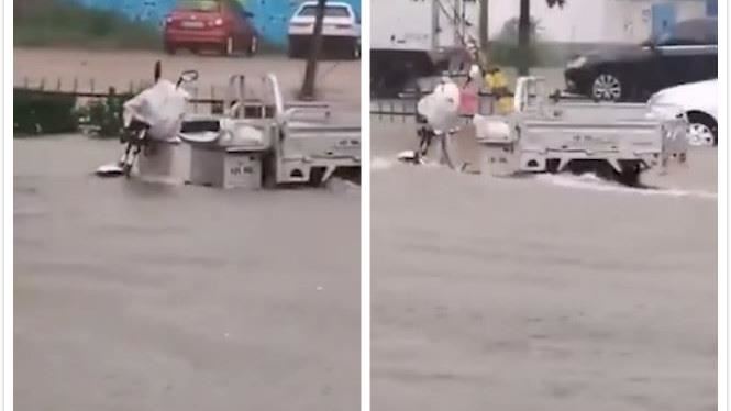 淹水下的奇景？陸驚見無人車水上漂