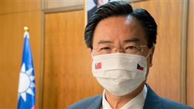 吳釗燮接受捷克媒體專訪,並秀出台捷國旗口罩（圖／翻攝自外交部官網）