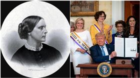 「非常重要的人」謎底揭曉！川普赦免已經死去114年的美國知名民權運動領袖蘇珊安東尼（Susan Anthony）。（合成圖／翻攝自白宮FB、維基共享資源）