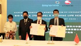 印尼與中國簽訂發展武漢肺炎疫苗協議印尼外交部長勒特諾（左1）國營事業部部長索赫（左2）20日在中國海南省見證印尼與中國的主要疫苗開發業者簽訂合作發展武漢肺炎疫苗協議。（印尼外交部提供）中央社記者石秀娟雅加達傳真　109年8月21日