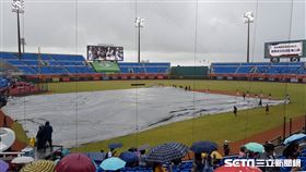 桃園棒球場賽事因雨延後。（圖／記者劉彥池攝影）