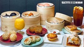 小三元港點「黑金墨魚餃」、「香煎花枝餅」、「奶油焗白菜塔」、「桂花紅豆糕」、「芋泥芝麻球」與「原只鮑魚燒賣」（圖／小三元提供）