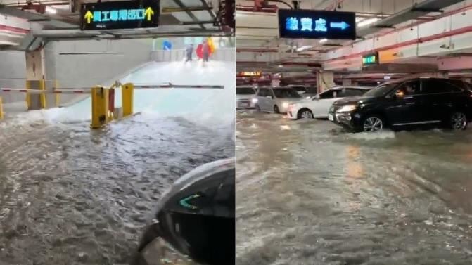宜大停車場淹成池塘　車主涉水牽車