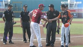 中職桃園戰　桃猿與獅隊總教練賽前握手致意中華職棒6日在桃園球場進行樂天桃猿隊與統一獅隊賽事，由於5日雙方兩度引發板凳清空衝突，主審蘇建文（左4）賽前邀請桃猿隊總教練曾豪駒（左3）與獅隊代理總教練林岳平（左5）在本壘談話，並握手致意。中央社記者張新偉攝　109年9月6日