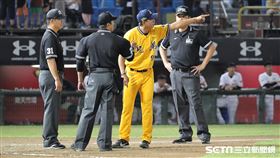 ▲中信兄弟捕手陳家駒被判妨礙進壘，總教練丘昌榮激烈抗議。（圖／記者劉彥池攝影）