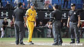 ▲中信兄弟捕手陳家駒被判妨礙進壘，總教練丘昌榮激烈抗議。（圖／記者劉彥池攝影）