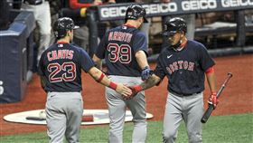 隊友敲全壘打，林子偉共同慶祝。（圖／美聯社／達志影像）