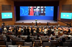 海峽論壇20日開幕，中國全國政協主席汪洋未出席，僅以視訊方式在開幕式中致詞。（中新社）