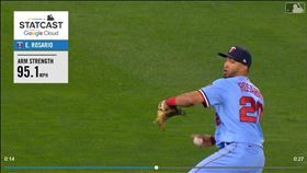 ▲雙城左外野手羅沙里歐（Eddie Rosario）傳95英里火球到本壘。（圖／翻攝自MLB官網）