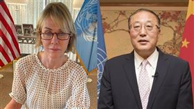 美國和中國24日在聯合國安全理事會視訊會議上再度針鋒相對，美國駐聯合國大使克拉夫特（左）批北京隱瞞疫情，中國常駐聯合國代表張軍（右）隨即怒喊「夠了」。（左圖取自twitter.com/USAmbUN、右圖中新社）
