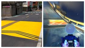近來有標線引起大批網友注意，一整片黃色加上三個箭頭的黑標，其實這是桃園市試辦的減速平台。（組合圖／（左）桃園市府交通局提供／（右）讀者提供）