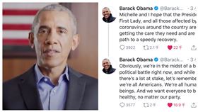 ▲美國前總統歐巴馬在推特上發文，針對現任總統川普確診武漢肺炎(新冠肺炎)強調「我們都是美國人，我們都是人類」，希望川普和其夫人早日康復。（圖／翻攝自歐巴馬推特）