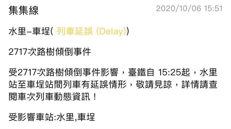 快訊／路樹傾倒　台鐵集集線列車延誤