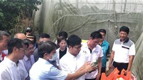 高雄市長陳其邁（前左3）12日到美濃區訪視木瓜農，並聽取農民對木瓜產銷的意見，他允諾興建一處「希望廣場」，加速農作物的生產及銷售。中央社記者王淑芬攝 109年10月12日