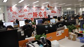 疫情加速蔬果網購  中國電商紛投入賣菜生意武漢肺炎疫情促使更多消費者習慣在網上購買蔬果，中國電商巨頭也紛紛投入賣菜事業，圖為企業拼多多上海總部，牆上寫著其最新重點業務「拼農貨」。中央社記者張淑伶上海攝  109年10月12日