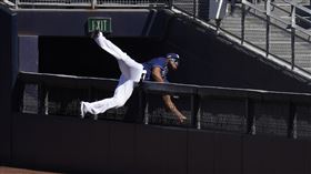 ▲馬格特（Manuel Margot）摔出界外區美技接殺。（圖／美聯社／達志影像）