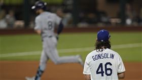 ▲道奇先發投手岡索林（Tony Gonsolin）首局挨轟，僅投1.1局退場。（圖／美聯社／達志影像）