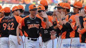 ▲統一獅總教練林岳平賽前和球員擊掌。（圖／記者劉彥池攝影）