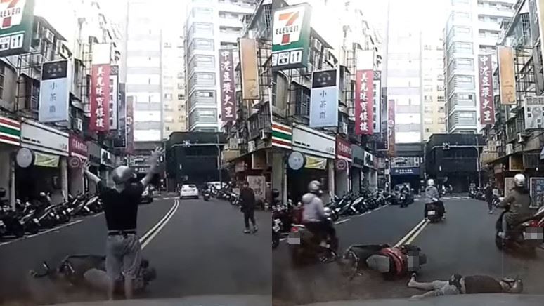 阿伯雙手高舉萬歲　躺路中央等碰瓷