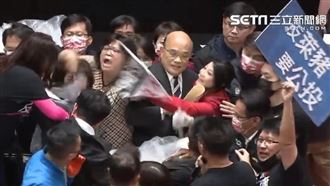 蘇貞昌推擠中上台　藍丟豬內臟抗議
