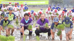 ▲2021年屏東熱博，中職會長吳志揚、屏東縣長潘孟安進行插秧儀式。（圖／中華職棒大聯盟提供）