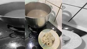 網友分享冰凍一年的芝麻湯圓煮起來口感，變成芝麻水跟貓耳朵。(圖／翻攝自婦仇者廚房臉書)