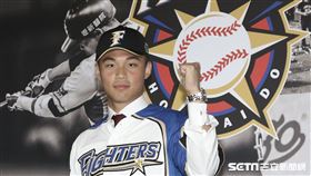台灣強打王柏融與日本職棒火腿隊簽約並穿上背號99新球衣。（記者林士傑/攝影）