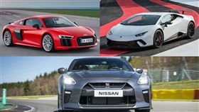 ▲Nissan GT-R對決藍寶堅尼Huracan Performante、奧迪R8（圖／翻攝自Nissan、Lambirghini、Audi官網）